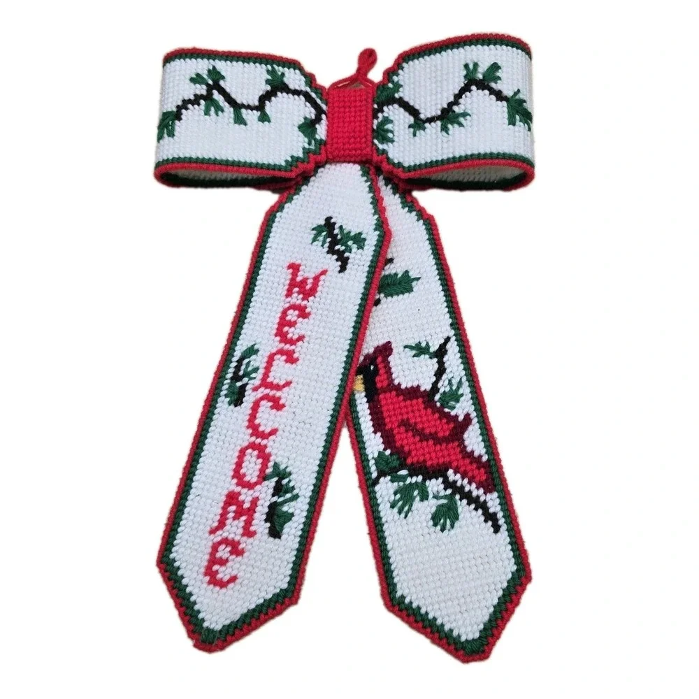 Crosstitch Holiday Bowtie Ornament Red Green Cardinal Christmas Plastic Canvas